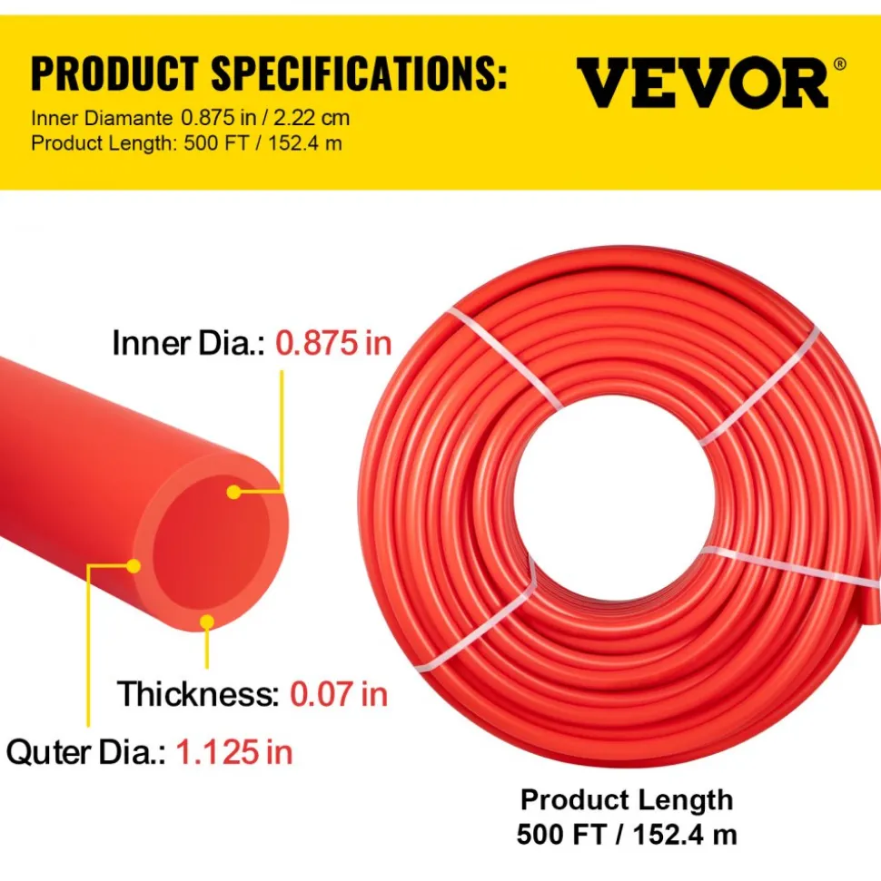 VEVOR PEX Pipe, 7/8 inch x 500 FT PEX Tubing, Non Oxygen Barrier Red PEX-B Pipe, Flexible PEX Water Line for RV Sewer Hose, Plumbing, Radiant Heating