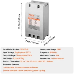 VEVOR 3 Phase Converter - 15HP 53A 220V Single Phase to 3 Phase Converter, 220V Input/Output, Digital Phase Shifter for Residential & Light Commercial Use (One Converter for One Motor Only)