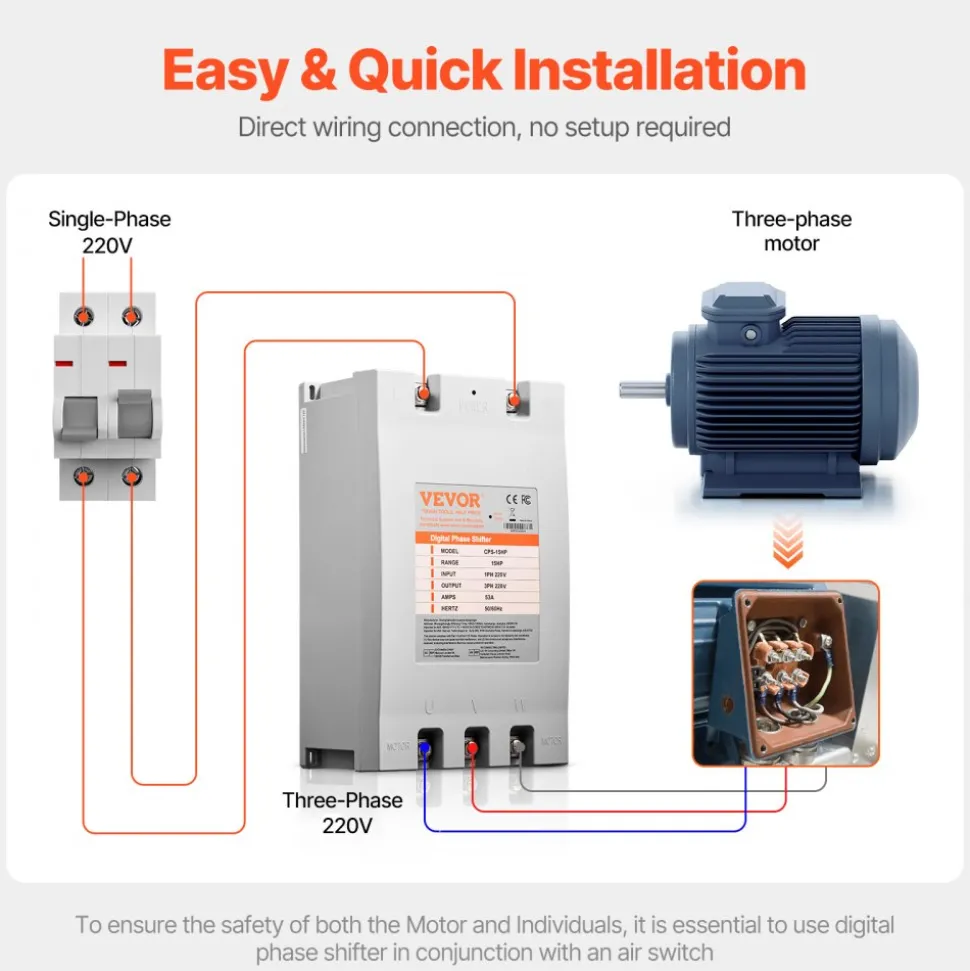 VEVOR 3 Phase Converter - 15HP 53A 220V Single Phase to 3 Phase Converter, 220V Input/Output, Digital Phase Shifter for Residential & Light Commercial Use (One Converter for One Motor Only)