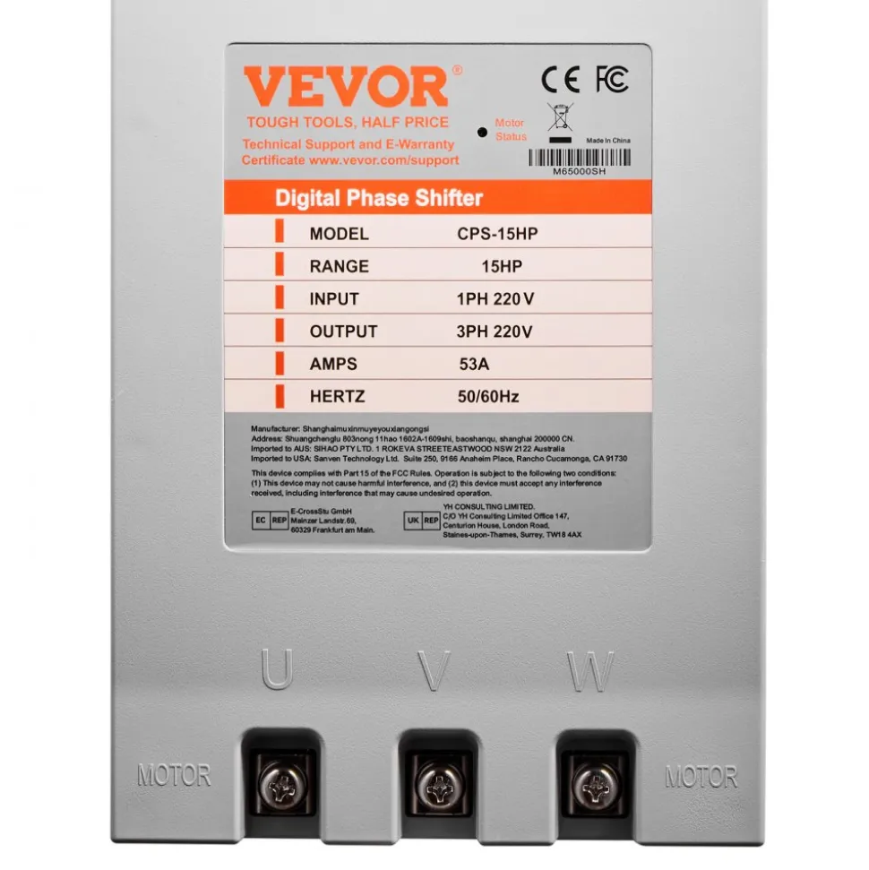 VEVOR 3 Phase Converter - 15HP 53A 220V Single Phase to 3 Phase Converter, 220V Input/Output, Digital Phase Shifter for Residential & Light Commercial Use (One Converter for One Motor Only)
