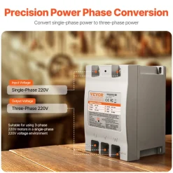 VEVOR 3 Phase Converter - 2HP 7A 220V Single Phase to 3 Phase Converter, 220V Input/Output, Digital Phase Shifter for Residential & Light Commercial Use (One Converter for One Motor Only)