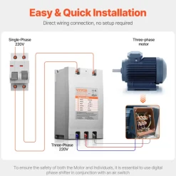 VEVOR 3 Phase Converter - 20HP 70A 220V Single Phase to 3 Phase Converter, 220V Input/Output, Digital Phase Shifter for Residential & Light Commercial Use (One Converter for One Motor Only)
