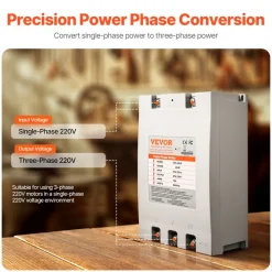 VEVOR 3 Phase Converter - 20HP 70A 220V Single Phase to 3 Phase Converter, 220V Input/Output, Digital Phase Shifter for Residential & Light Commercial Use (One Converter for One Motor Only)