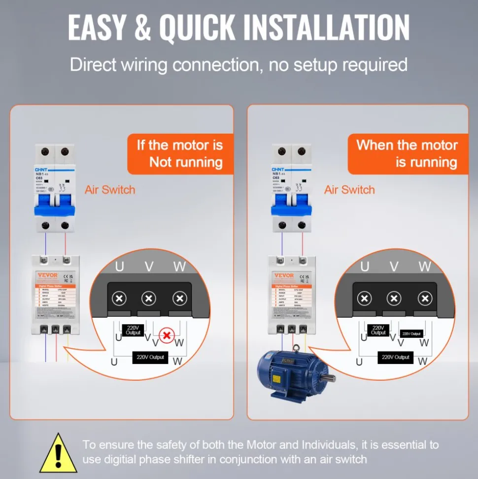 VEVOR 3 Phase Converter - 5HP 15A 220V Single Phase to 3 Phase Converter, Digital Phase Shifter for Residential and Light Commercial Use, 220V Input/Output (One Converter for One Motor Only)