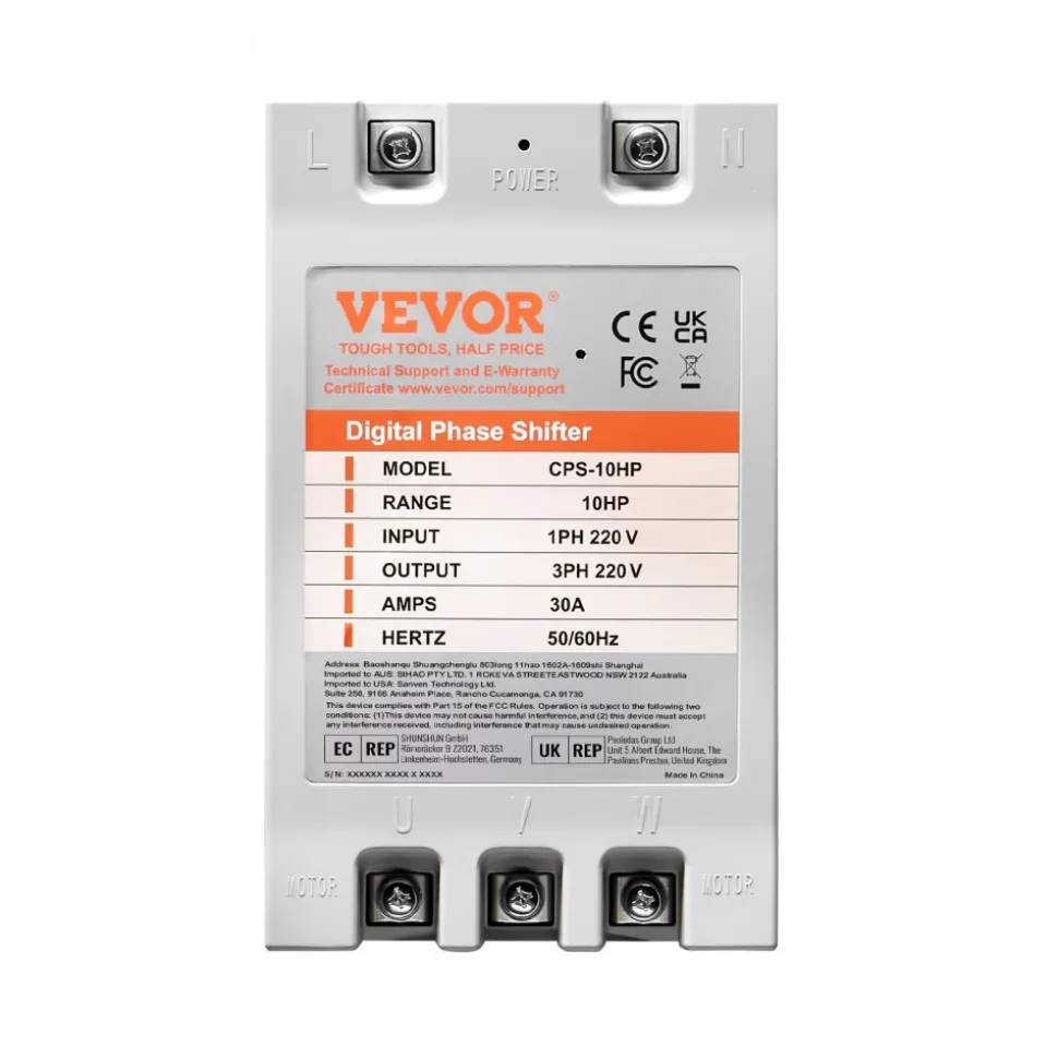 VEVOR 3 Phase Converter - 5HP 15A 220V Single Phase to 3 Phase Converter, Digital Phase Shifter for Residential and Light Commercial Use, 220V Input/Output (One Converter for One Motor Only)
