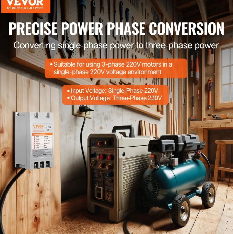 VEVOR 3 Phase Converter - 5HP 15A 220V Single Phase to 3 Phase Converter, Digital Phase Shifter for Residential and Light Commercial Use, 220V Input/Output (One Converter for One Motor Only)