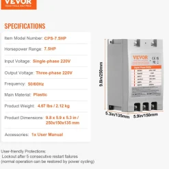 VEVOR 3 Phase Converter- 7.5HP 23A 220V Single Phase to 3 Phase Converter, Digital Phase Shifter for Residential & Light Commercial Use, 220V Input/Output (One DPS Must Be Used on One Motor Only)