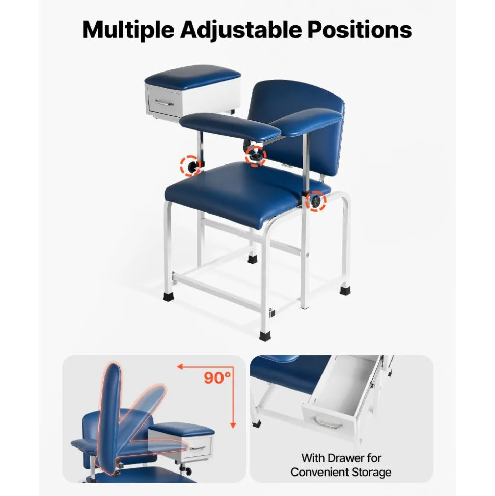 VEVOR Phlebotomy Chair 500LBS Blood Draw Medical Chair with Drawer, Comfortable Blood Drawing Chairs with Adjustable Armrests, Soft Padded Seat, Easy-to-Clean PVC Leather for Hospitals Clinics