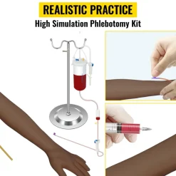 VEVOR Phlebotomy Practice Kit, Dark Skin IV Practice Kit Venipuncture Learning Phlebotomy Practice Arm Kit with Infusion Stand for Nurse, Medical Students