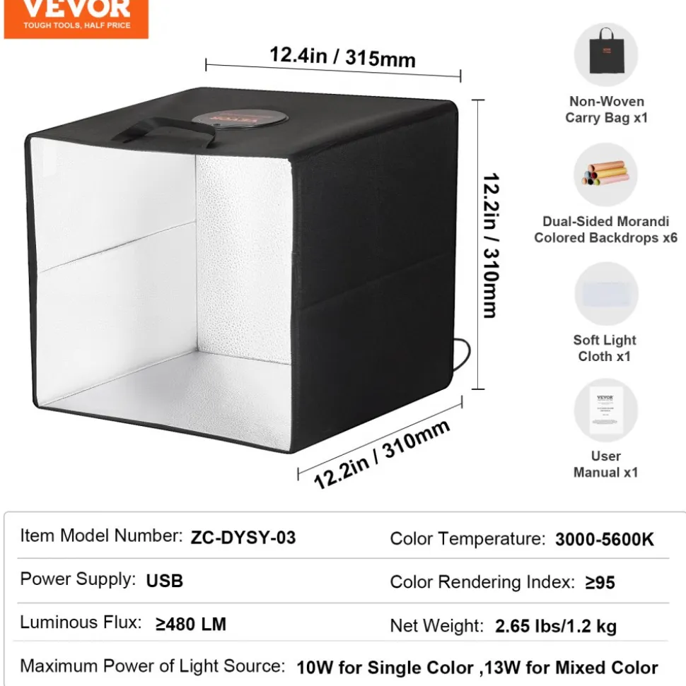 VEVOR Photo Studio Light Box, 12" x 12", 3000-5600K Adjustable 3 Color Temperatures Professional Shooting Tent Kit with 120 LED 6 Double-Sided Color Backdrops, High CRI ≥ 95 for Small Size Products