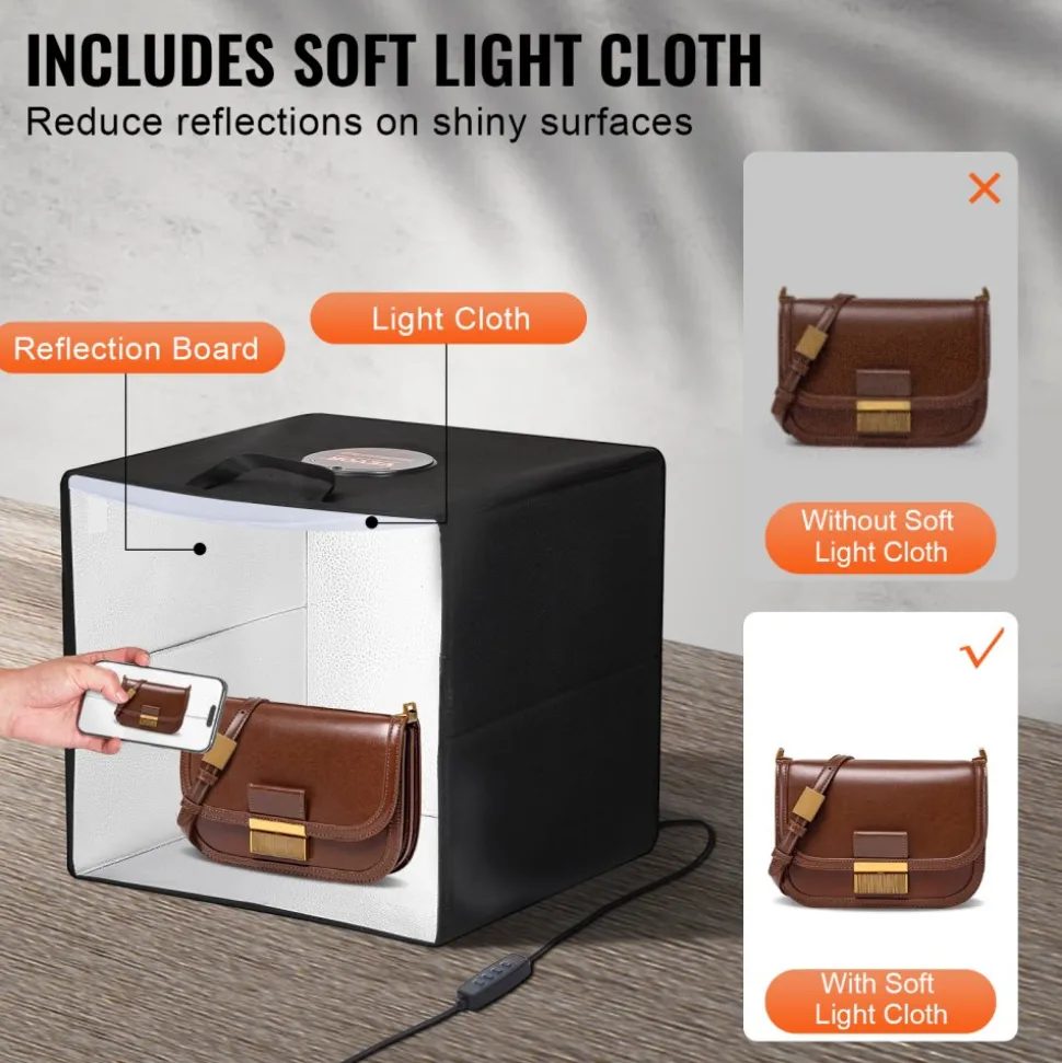 VEVOR Photo Studio Light Box, 12" x 12", 3000-5600K Adjustable 3 Color Temperatures Professional Shooting Tent Kit with 120 LED 6 Double-Sided Color Backdrops, High CRI ≥ 95 for Small Size Products
