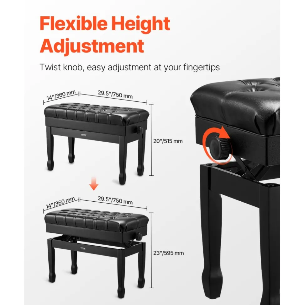 VEVOR Piano Bench, 29.5" x 14" x 20.3", Duet Keyboard Piano Chair with 20.3"-23.4” Adjustable Height, Padded Cushion, Storage Compartment for Music Books, Wooden Piano Stool Seat, for Vanity, Bedroom