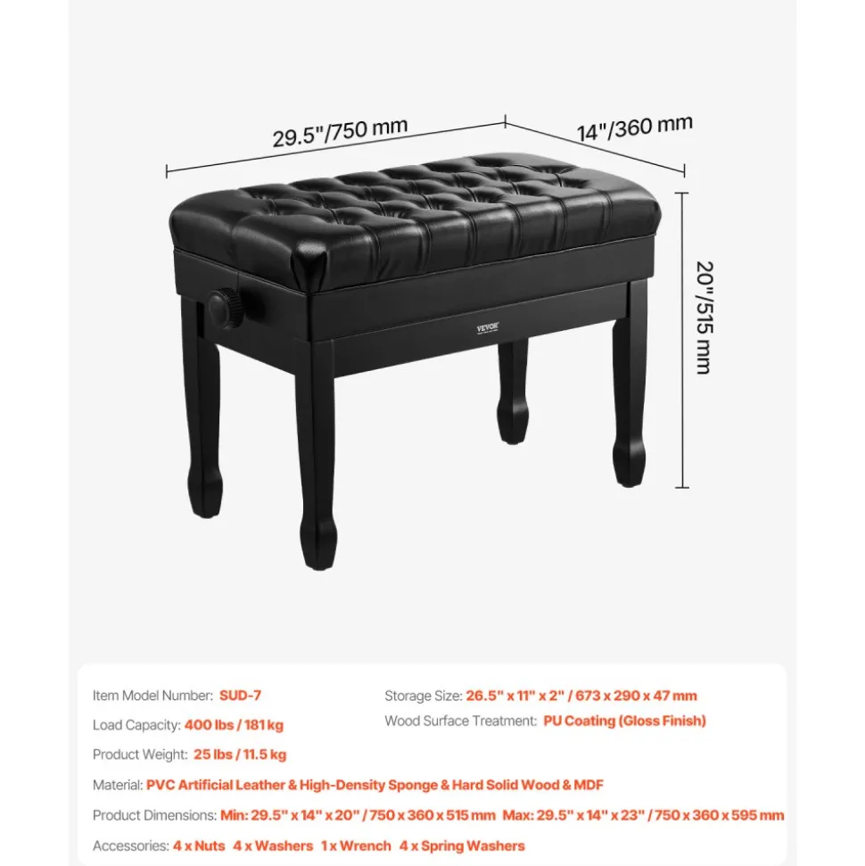 VEVOR Piano Bench, 29.5" x 14" x 20.3", Duet Keyboard Piano Chair with 20.3"-23.4” Adjustable Height, Padded Cushion, Storage Compartment for Music Books, Wooden Piano Stool Seat, for Vanity, Bedroom