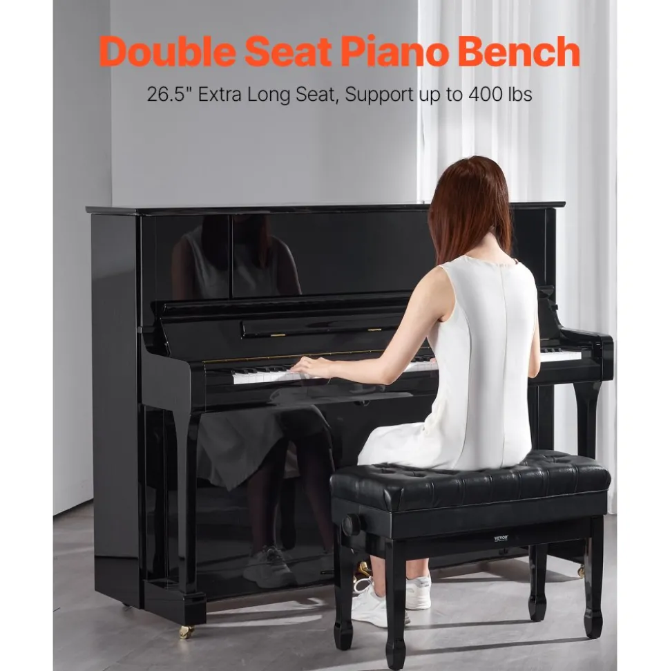 VEVOR Piano Bench, 29.5" x 14" x 20.3", Duet Keyboard Piano Chair with 20.3"-23.4” Adjustable Height, Padded Cushion, Storage Compartment for Music Books, Wooden Piano Stool Seat, for Vanity, Bedroom