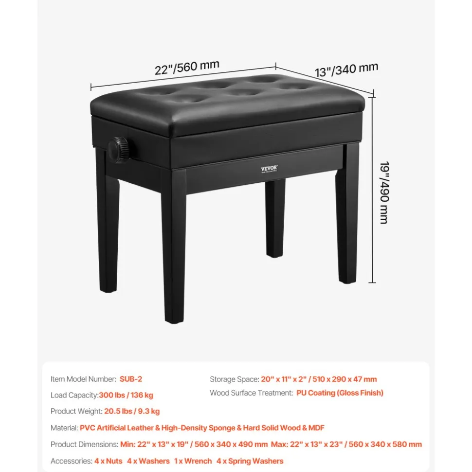 VEVOR Piano Bench, 22" x 13" x 19.3", Keyboard Piano Chair with 19.3"-22.8" Adjustable Height, Padded Cushion, Storage Compartment for Music Books, Wooden Piano Stool Seat, for Vanity, Living Room