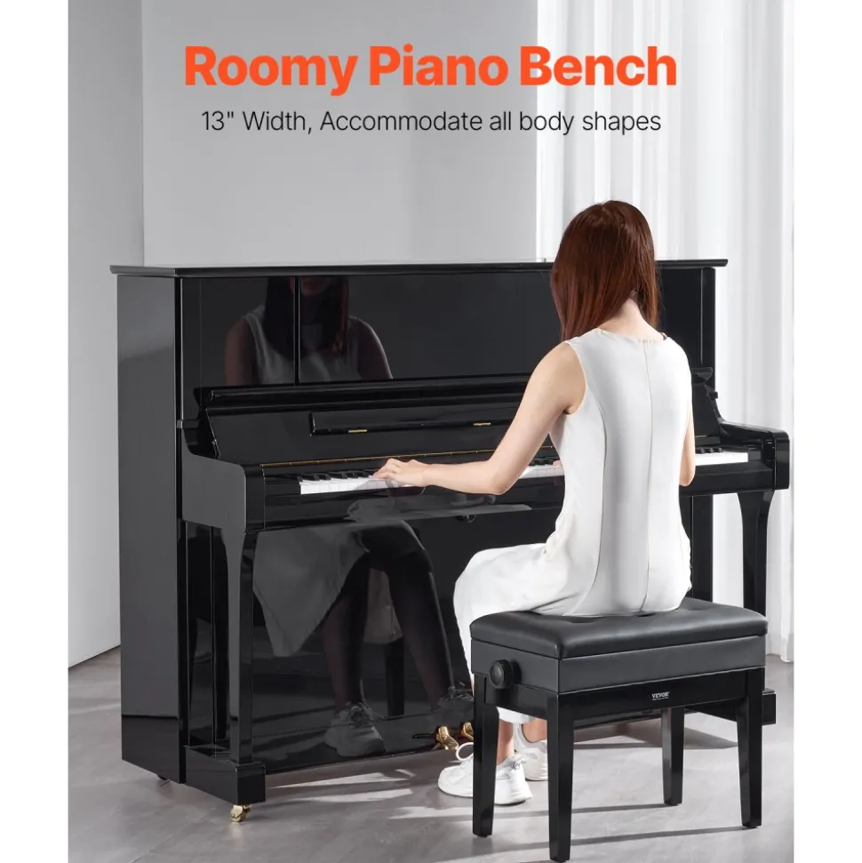 VEVOR Piano Bench, 22" x 13" x 19.3", Keyboard Piano Chair with 19.3"-22.8" Adjustable Height, Padded Cushion, Storage Compartment for Music Books, Wooden Piano Stool Seat, for Vanity, Living Room