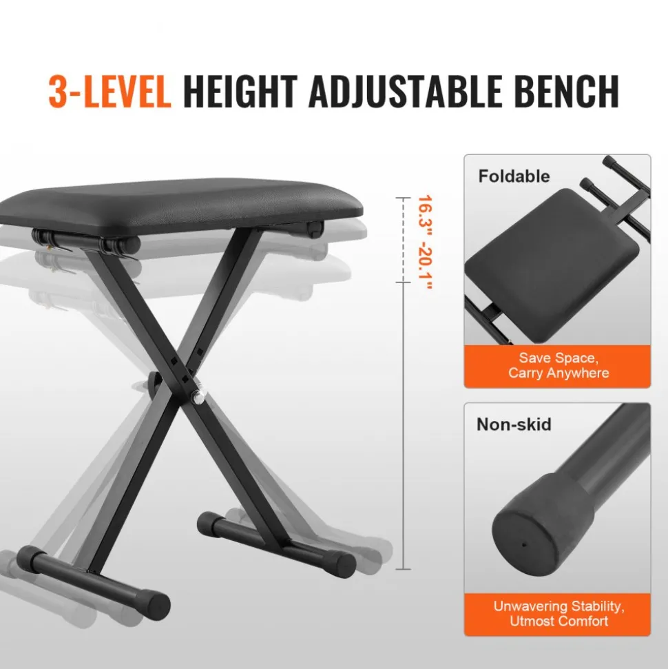 VEVOR Piano Keyboard Stand and Bench Set, Z Style, Heavy-Duty Digital Piano Music Stand and Seat, 250 lbs Capacity with Adjustable Piano Bench Width Height Wheels, Fits for 54-88 Key Electric Pianos