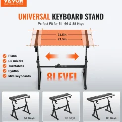 VEVOR Piano Keyboard Stand and Bench Set, Z Style, Heavy-Duty Digital Piano Music Stand and Seat, 250 lbs Capacity with Adjustable Piano Bench Width Height Wheels, Fits for 54-88 Key Electric Pianos