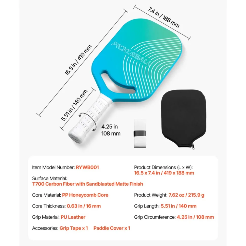 VEVOR Pickleball Paddle with Aero Throat, T700 Carbon Fiber Surface & Honeycomb Core, Professional Pickleball Paddle with Increased Power & Control & Spin, Pickle Ball Racket for Adults, Men & Women