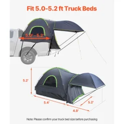 VEVOR Pickup Truck Tent, Fits 5.0-5.2 ft Truck Tents for Camping, Waterproof PU2000 mm 2-3 Person Sleeping Truck Bed Tent, Sturdy Truck Bed Camper Shell with Expandable Awning, Rainfly, Storage Bag