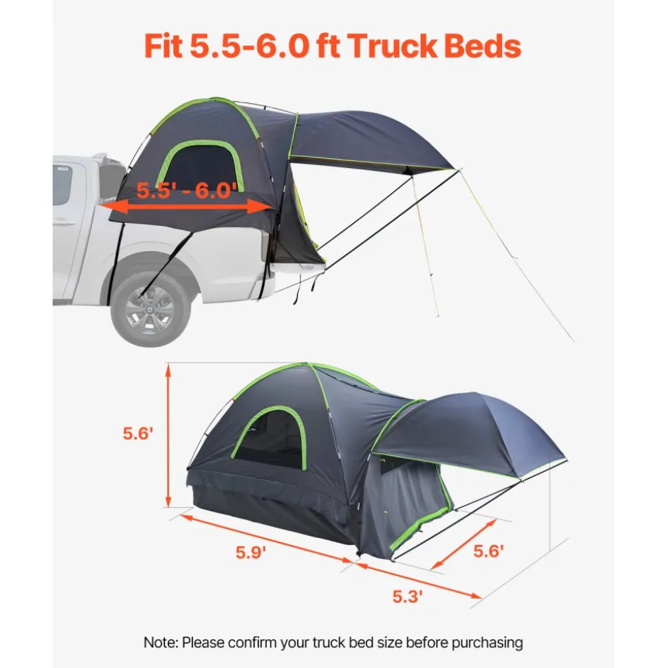 VEVOR Pickup Truck Tent, Fits 5.5-6.0 ft Truck Tents for Camping, Waterproof PU2000 mm 2-3 Person Sleeping Truck Bed Tent, Sturdy Truck Bed Camper Shell with Expandable Awning, Rainfly, Storage Bag