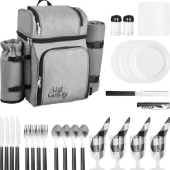 VEVOR Picnic Backpack, Beach Picnic Backpack Bag for 4 Person with Insulated Cooler Compartment, Detachable Bottle/Wine Holder, Lightweight Blanket, Plates and Cutlery Set for Hiking & Camping, Grey