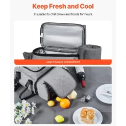 VEVOR Picnic Backpack, Beach Picnic Backpack Bag for 4 Person with Insulated Cooler Compartment, Detachable Bottle/Wine Holder, Lightweight Blanket, Plates and Cutlery Set for Hiking & Camping, Grey