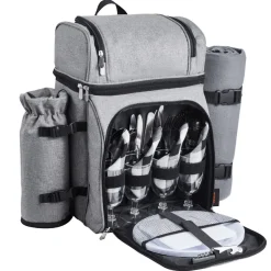 VEVOR Picnic Backpack, Beach Picnic Backpack Bag for 4 Person with Insulated Cooler Compartment, Detachable Bottle/Wine Holder, Lightweight Blanket, Plates and Cutlery Set for Hiking & Camping, Grey