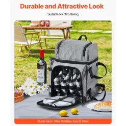 VEVOR Picnic Backpack, Beach Picnic Backpack Bag for 4 Person with Insulated Cooler Compartment, Detachable Bottle/Wine Holder, Lightweight Blanket, Plates and Cutlery Set for Hiking & Camping, Grey