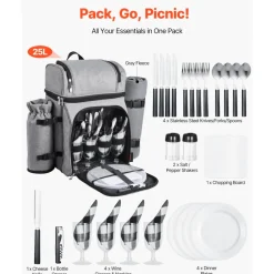 VEVOR Picnic Backpack, Beach Picnic Backpack Bag for 4 Person with Insulated Cooler Compartment, Detachable Bottle/Wine Holder, Lightweight Blanket, Plates and Cutlery Set for Hiking & Camping, Grey