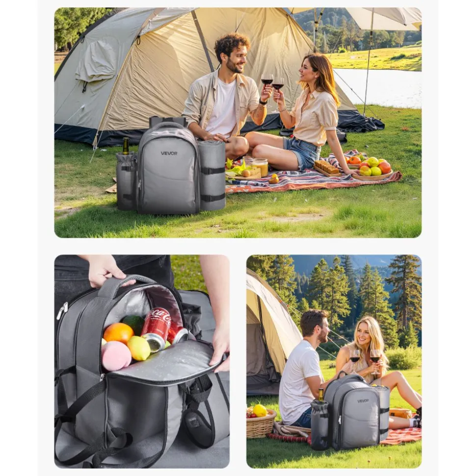 VEVOR Picnic Backpack, Beach Picnic Backpack Bag for 2 Person with Insulated Cooler Compartment, Detachable Bottle/Wine Holder, Lightweight Blanket, Plates and Cutlery Set for Hiking, Camping, Grey