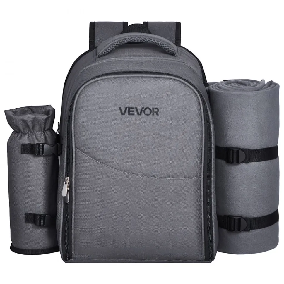 VEVOR Picnic Backpack, Beach Picnic Backpack Bag for 2 Person with Insulated Cooler Compartment, Detachable Bottle/Wine Holder, Lightweight Blanket, Plates and Cutlery Set for Hiking, Camping, Grey