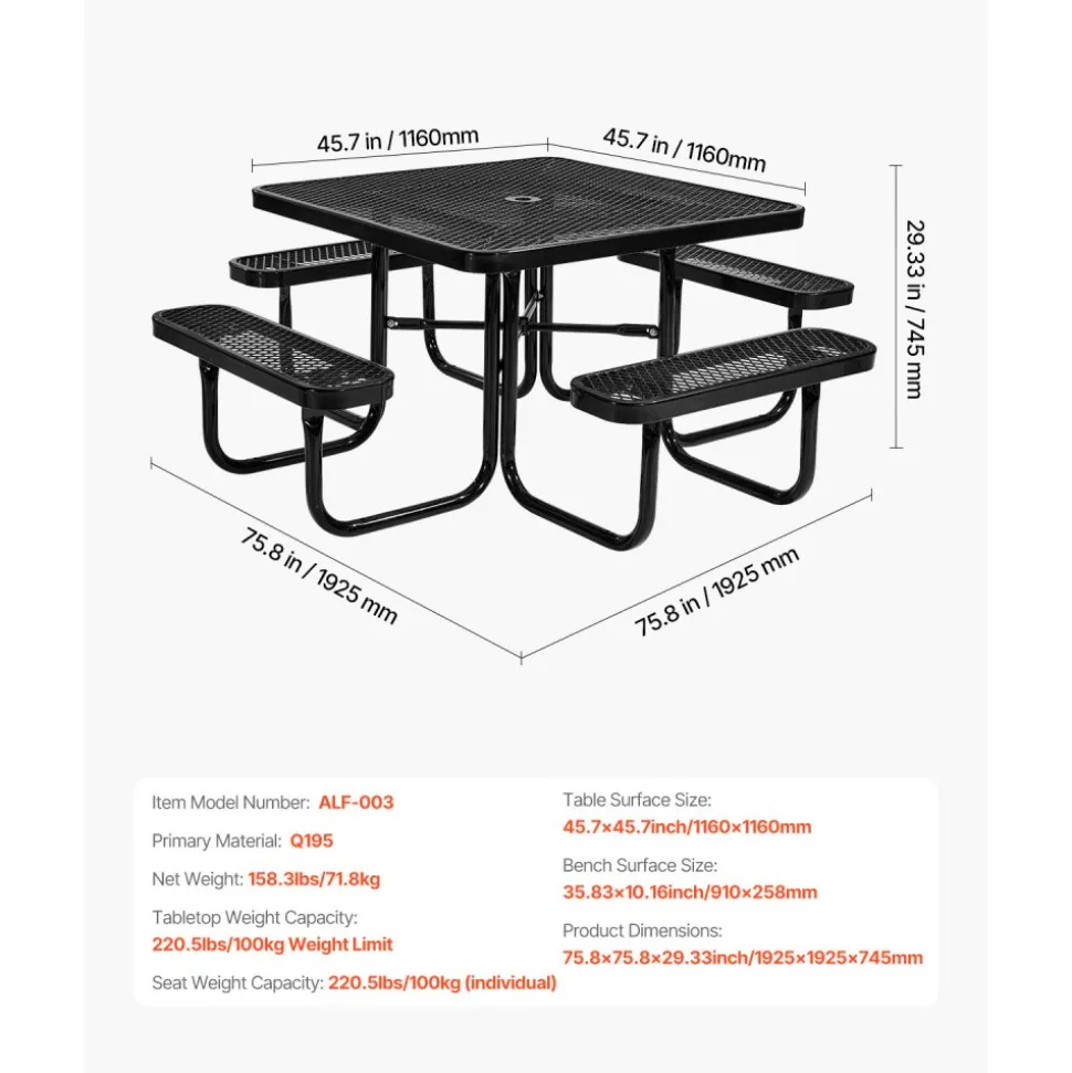 VEVOR Picnic Table, Outdoor Weather Resistant Patio Dining Furniture Set, Heavy Duty Coated Steel Tables with Umbrella Hole, 45.7 in Square Table and Bench Set, for Garden, Backyard, Porch, Black