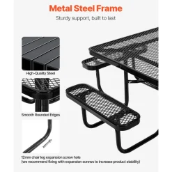 VEVOR Picnic Table, Outdoor Weather Resistant Patio Dining Furniture Set, Heavy Duty Coated Steel Tables with Umbrella Hole, 45.7 in Square Table and Bench Set, for Garden, Backyard, Porch, Black
