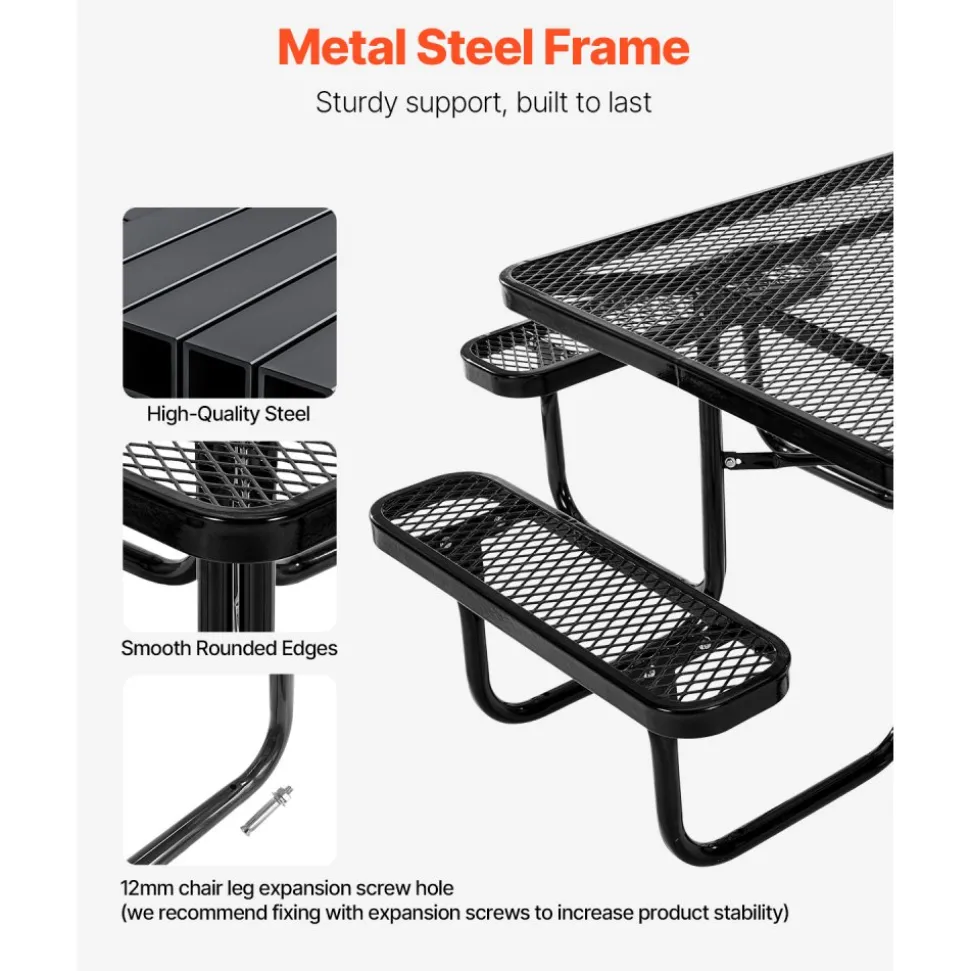VEVOR Picnic Table, Outdoor Weather Resistant Patio Dining Furniture Set, Heavy Duty Coated Steel Tables with Umbrella Hole, 45.7 in Square Table and Bench Set, for Garden, Backyard, Porch, Black