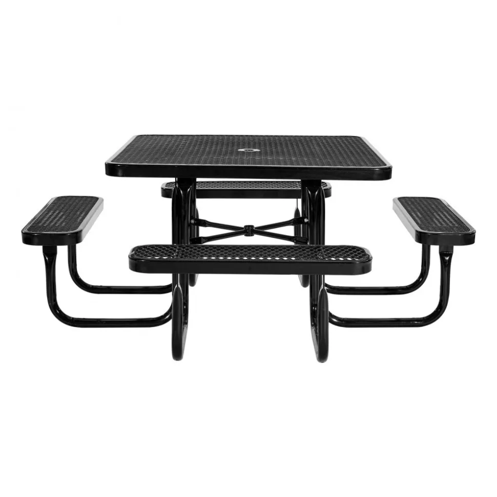 VEVOR Picnic Table, Outdoor Weather Resistant Patio Dining Furniture Set, Heavy Duty Coated Steel Tables with Umbrella Hole, 45.7 in Square Table and Bench Set, for Garden, Backyard, Porch, Black