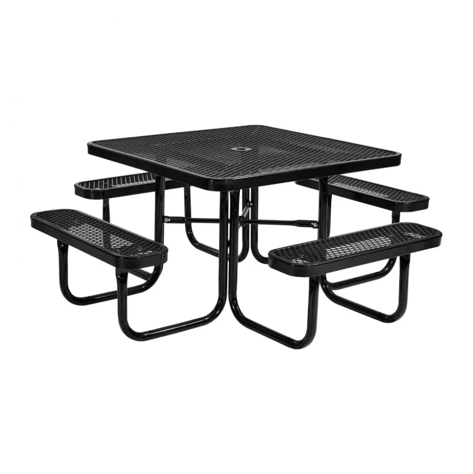 VEVOR Picnic Table, Outdoor Weather Resistant Patio Dining Furniture Set, Heavy Duty Coated Steel Tables with Umbrella Hole, 45.7 in Square Table and Bench Set, for Garden, Backyard, Porch, Black