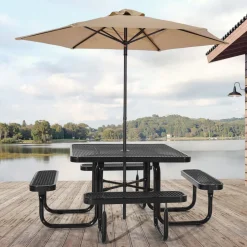 VEVOR Picnic Table, Outdoor Weather Resistant Patio Dining Furniture Set, Heavy Duty Coated Steel Tables with Umbrella Hole, 45.7 in Square Table and Bench Set, for Garden, Backyard, Porch, Black