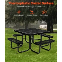 VEVOR Picnic Table, Outdoor Weather Resistant Patio Dining Furniture Set, Heavy Duty Coated Steel Tables with Umbrella Hole, 45.7 in Square Table and Bench Set, for Garden, Backyard, Porch, Black