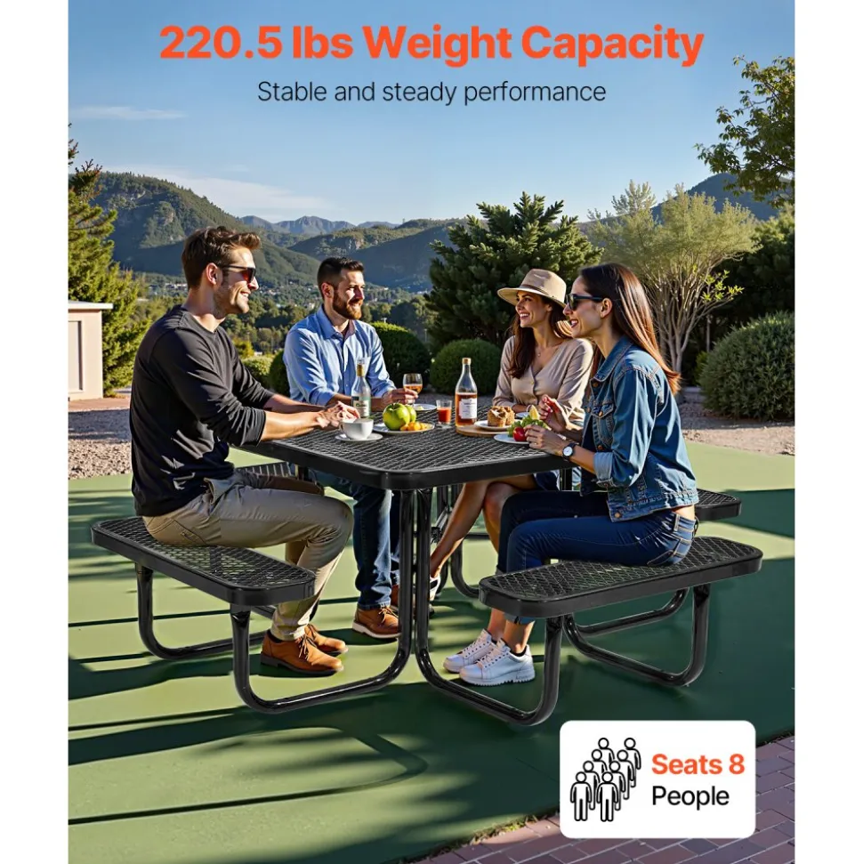 VEVOR Picnic Table, Outdoor Weather Resistant Patio Dining Furniture Set, Heavy Duty Coated Steel Tables with Umbrella Hole, 45.7 in Square Table and Bench Set, for Garden, Backyard, Porch, Black