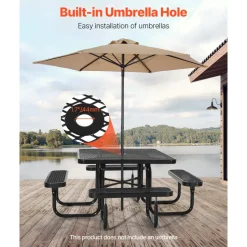 VEVOR Picnic Table, Outdoor Weather Resistant Patio Dining Furniture Set, Heavy Duty Coated Steel Tables with Umbrella Hole, 45.7 in Square Table and Bench Set, for Garden, Backyard, Porch, Black