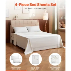 VEVOR 4-Piece Bed Sheet Set - Queen Size, 100% Bamboo Fiber Bedding Set, Cooling, Breathable & Shrink-Resistant Luxury Bed Sheet with Deep Pocket, Fit up to 16" Deep Mattress, Ideal for Hotel Bedroom