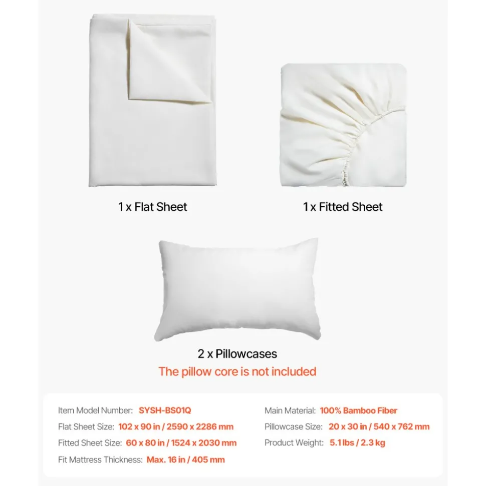 VEVOR 4-Piece Bed Sheet Set - Queen Size, 100% Bamboo Fiber Bedding Set, Cooling, Breathable & Shrink-Resistant Luxury Bed Sheet with Deep Pocket, Fit up to 16" Deep Mattress, Ideal for Hotel Bedroom