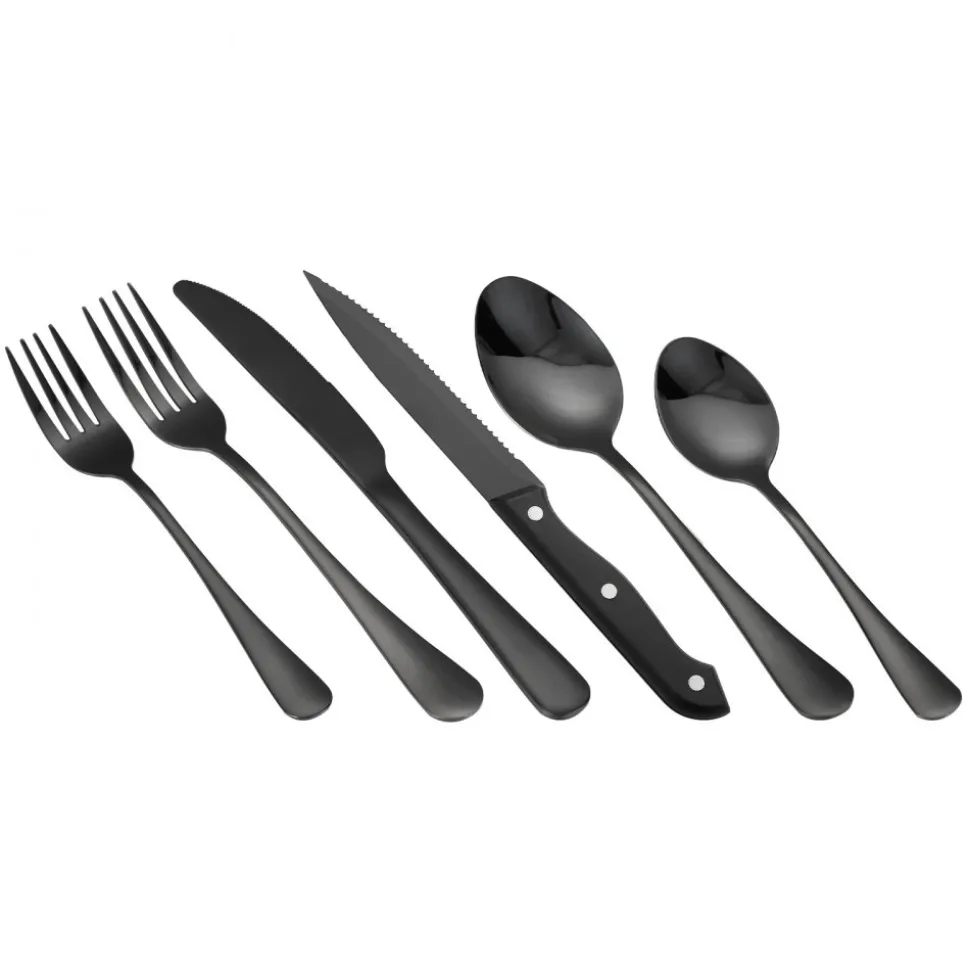 VEVOR 48-Piece Black Silverware Set with Steak Knives, Food-Grade Stainless Steel Flatware Utensils for 8, Mirror Finished Cutlery Set, Dishwasher Safe Eating Tableware for Kitchen Home, Service for 8