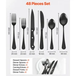 VEVOR 48-Piece Black Silverware Set with Steak Knives, Food-Grade Stainless Steel Flatware Utensils for 8, Mirror Finished Cutlery Set, Dishwasher Safe Eating Tableware for Kitchen Home, Service for 8