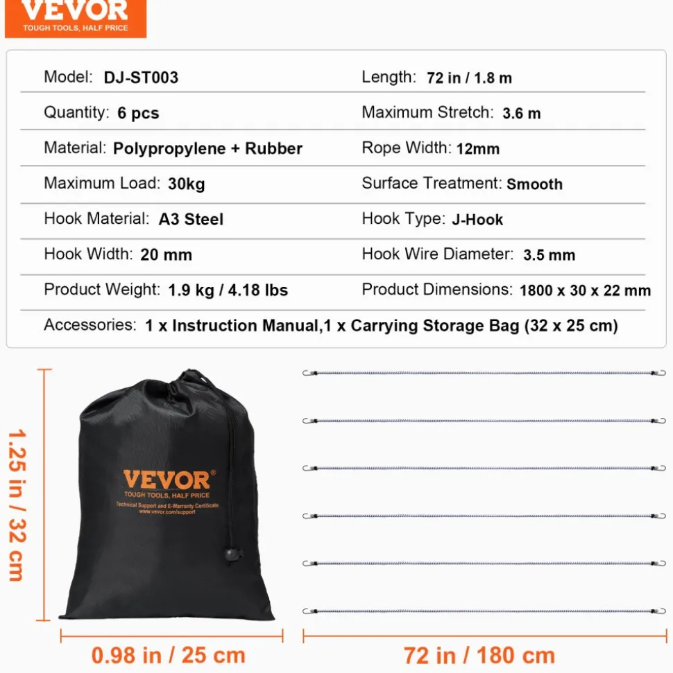 VEVOR 6 Piece Bungee Cords with A3 Steel Hooks, 72 Inch Heavy Duty Bungee Straps, 12 mm Elastic Bungee Ropes Set for Camping, Tarps, Motorcycle, Truck and Tent, White with Blue Stripes