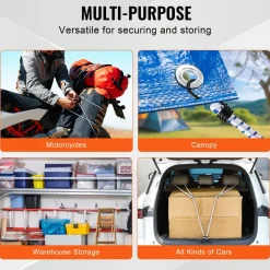VEVOR 6 Piece Bungee Cords with A3 Steel Hooks, 72 Inch Heavy Duty Bungee Straps, 12 mm Elastic Bungee Ropes Set for Camping, Tarps, Motorcycle, Truck and Tent, White with Blue Stripes