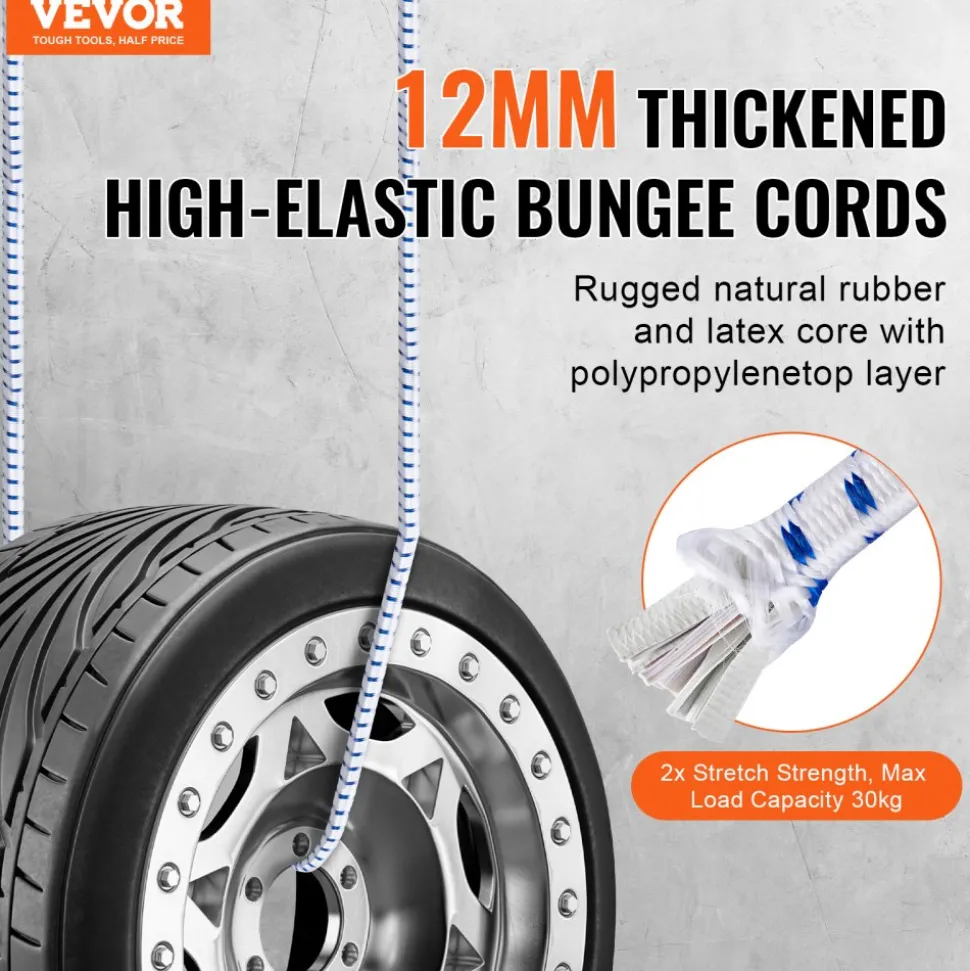 VEVOR 6 Piece Bungee Cords with A3 Steel Hooks, 72 Inch Heavy Duty Bungee Straps, 12 mm Elastic Bungee Ropes Set for Camping, Tarps, Motorcycle, Truck and Tent, White with Blue Stripes