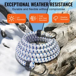 VEVOR 6 Piece Bungee Cords with A3 Steel Hooks, 72 Inch Heavy Duty Bungee Straps, 12 mm Elastic Bungee Ropes Set for Camping, Tarps, Motorcycle, Truck and Tent, White with Blue Stripes