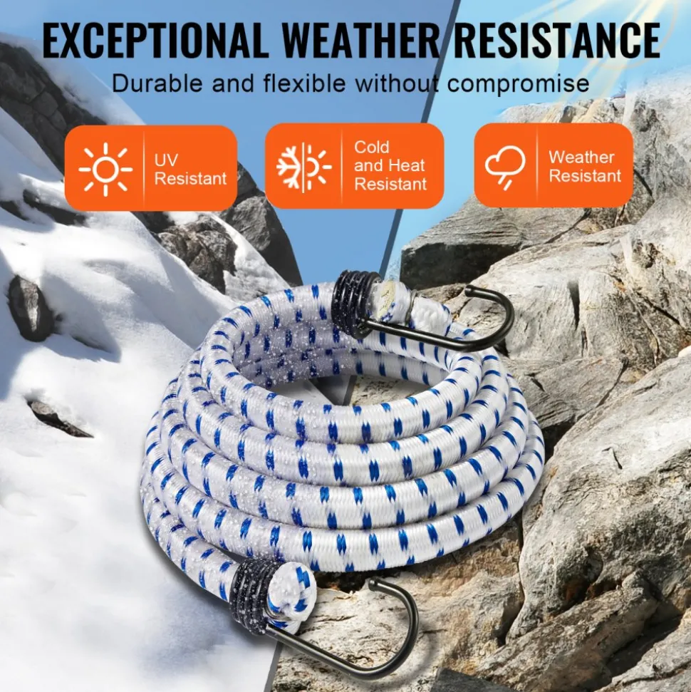 VEVOR 6 Piece Bungee Cords with A3 Steel Hooks, 72 Inch Heavy Duty Bungee Straps, 12 mm Elastic Bungee Ropes Set for Camping, Tarps, Motorcycle, Truck and Tent, White with Blue Stripes